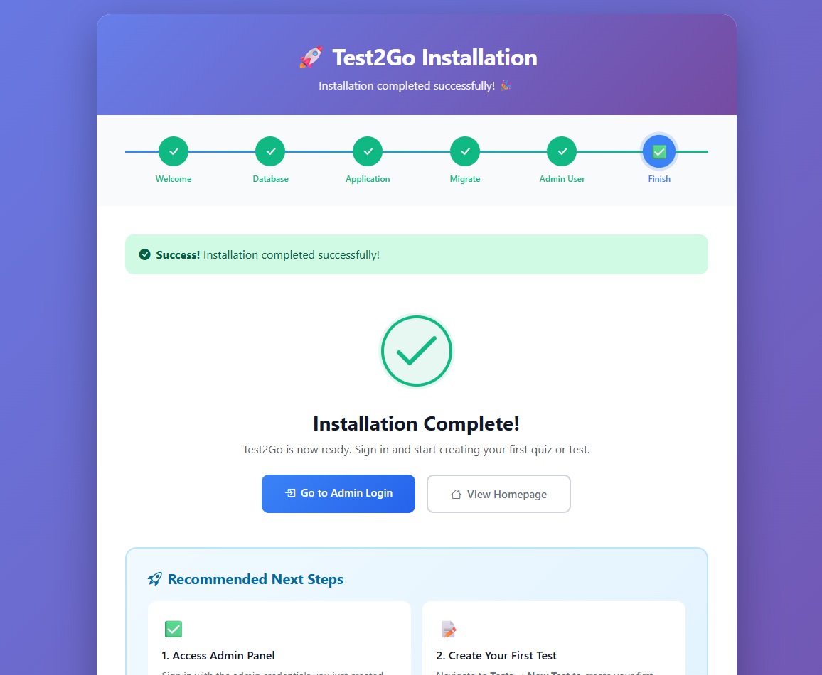 Install Test2Go using web installer